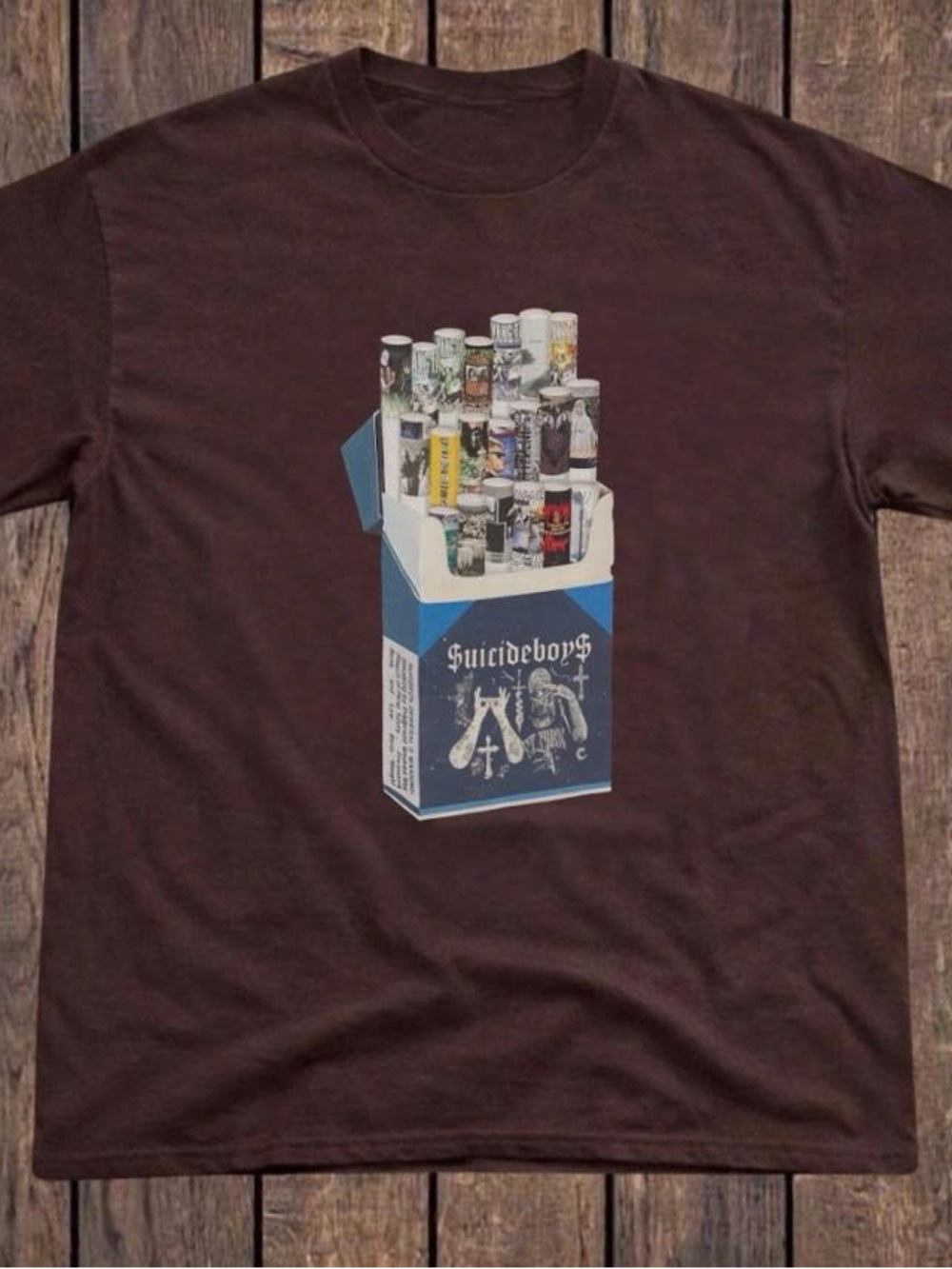 Brown T-Shirt with Blue & White Cigarette Pack Graphic